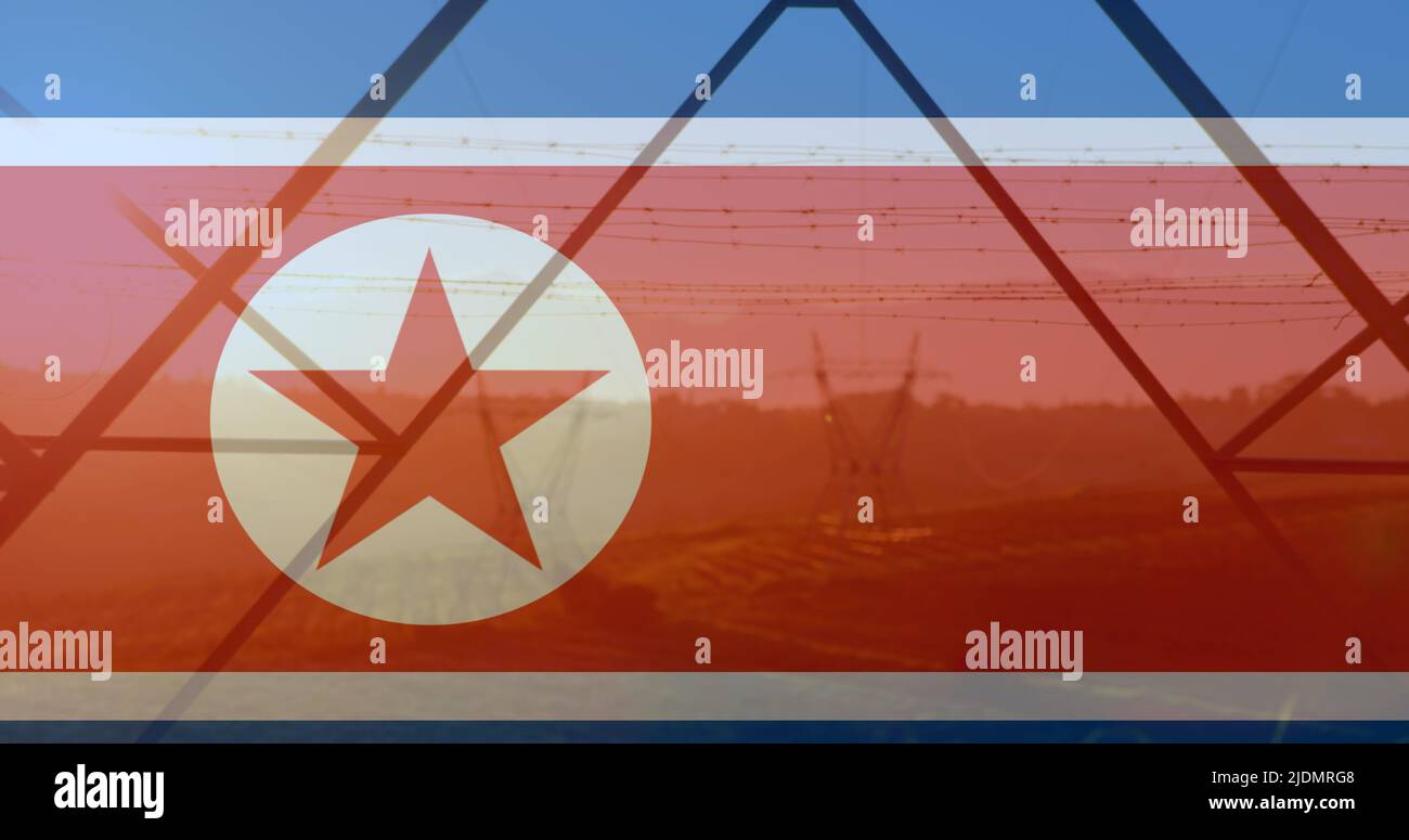 Bild der Flagge nordkoreas über Masten Stockfoto