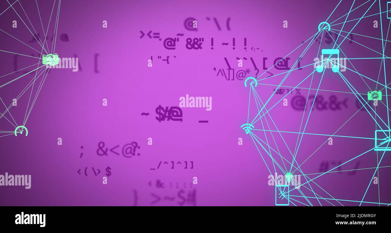 Bild eines Netzwerks von Verbindungen mit Symbolen und mathematischen Formeln auf rosa Hintergrund Stockfoto