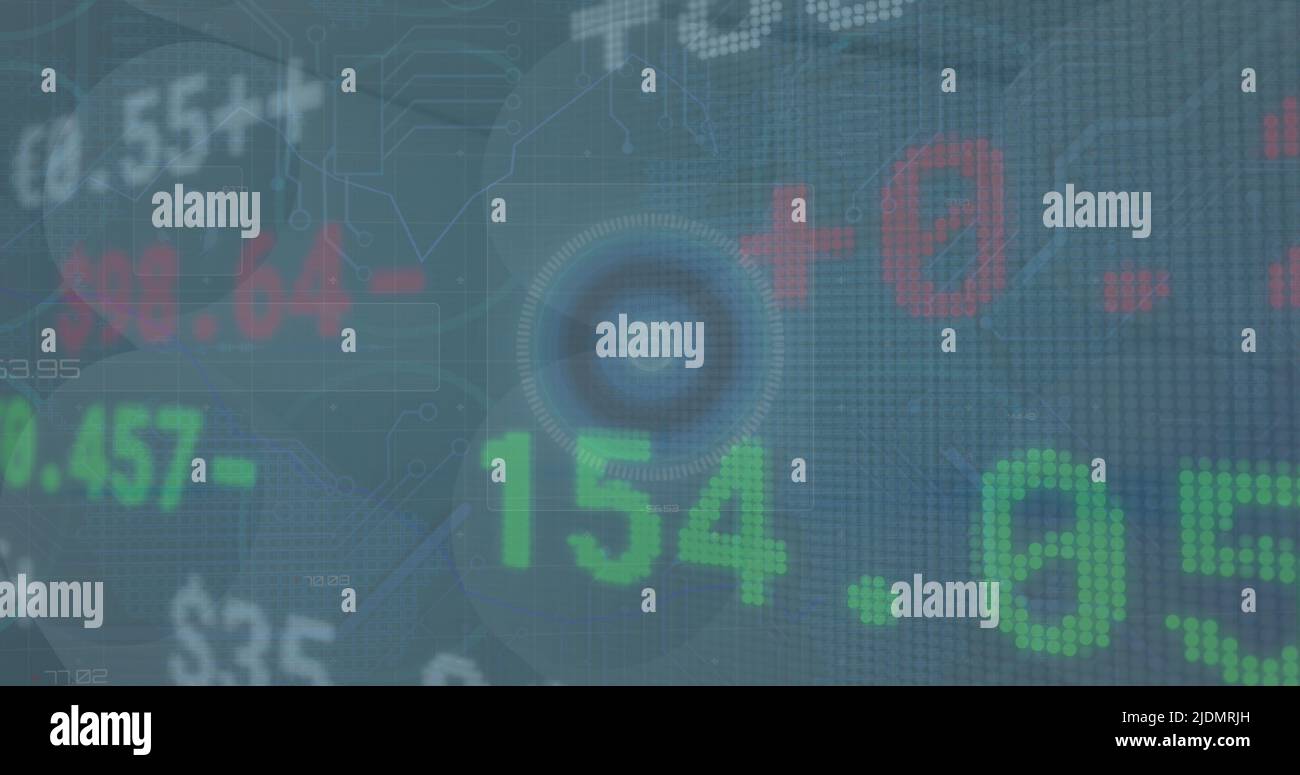 Bild von Aktienmarkt, Scan des Umfangs und Verarbeitung von Finanzdaten auf blauem Hintergrund Stockfoto