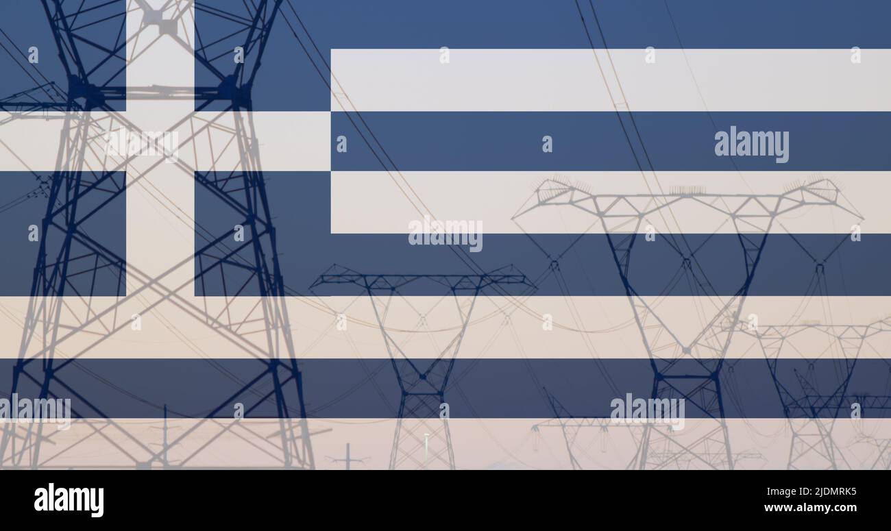 Bild der griechischen Flagge über Pylonen Stockfoto