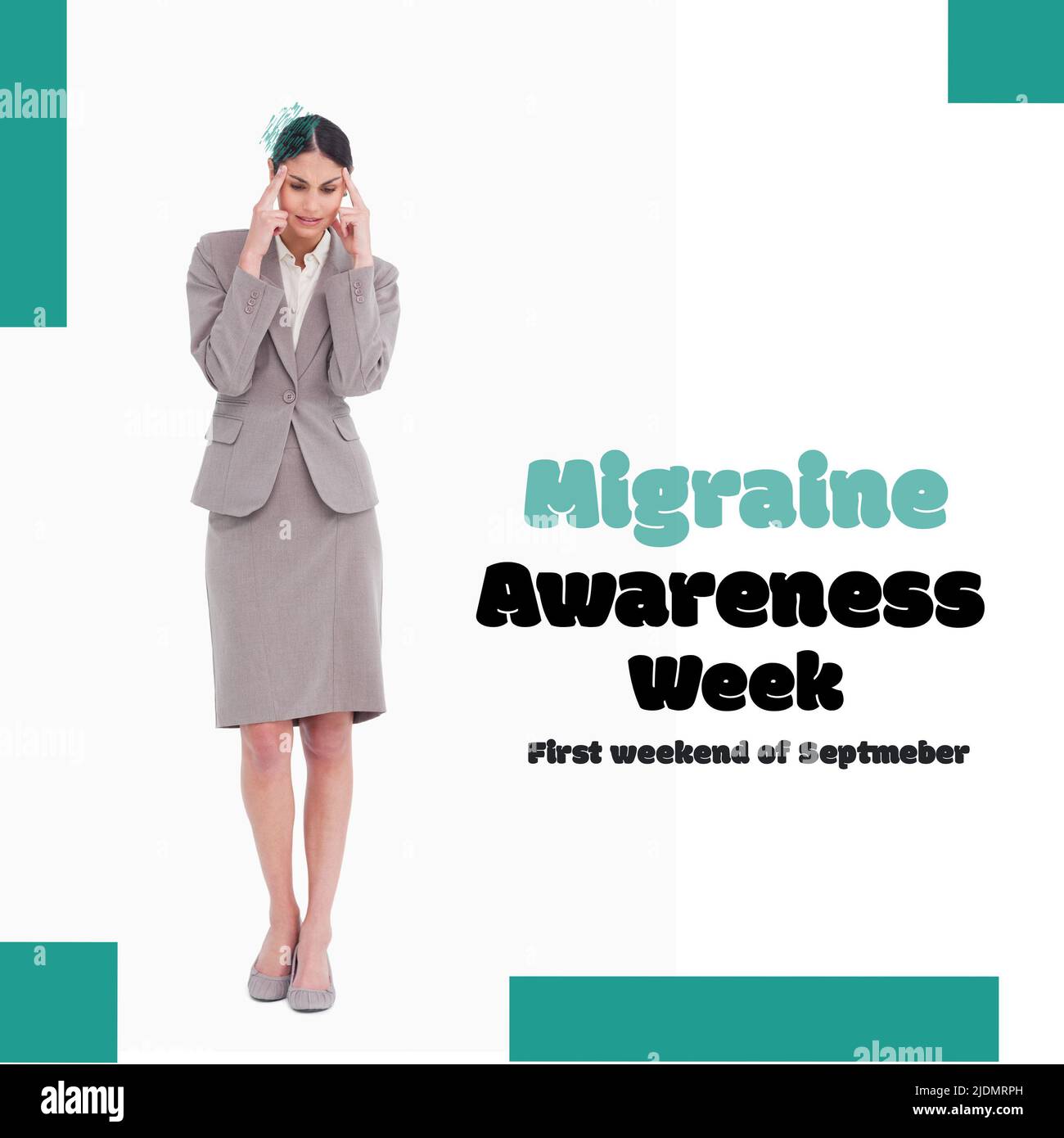 Kaukasische Geschäftsfrau mit Kopfschmerzen und Migräne Awareness Week, erstes Wochenende im september Text Stockfoto