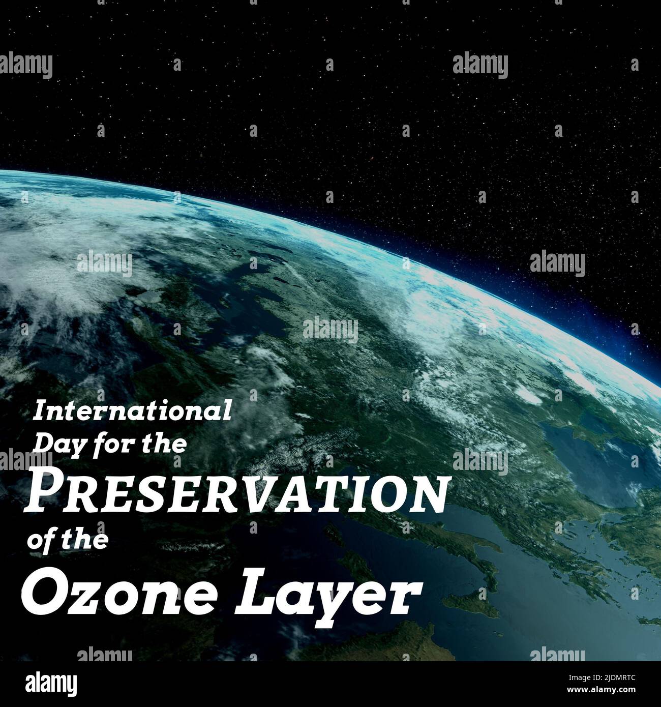 Digitales Verbundbild der Erde und internationaler Tag zur Erhaltung der Ozonschicht Text Stockfoto