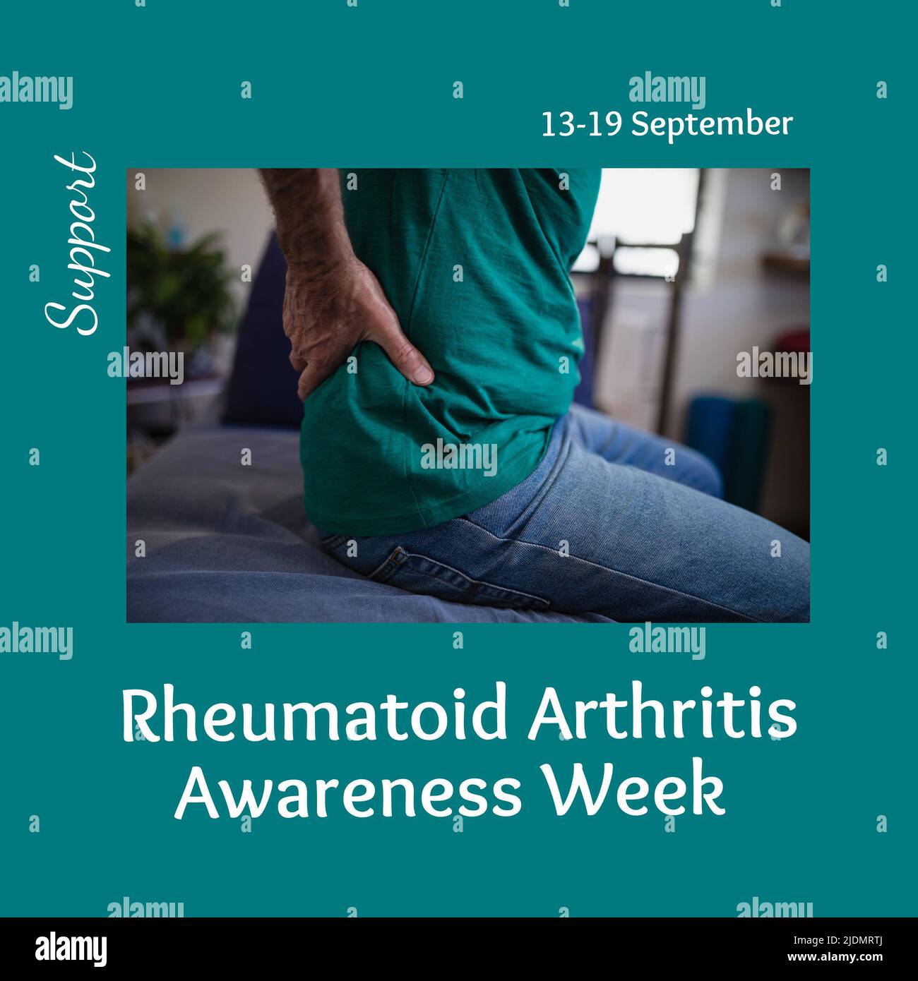 Biracial Senior Mann mit Rückenschmerzen und 13-19 september, unterstützen rheumatoide Arthritis Awareness Week Stockfoto