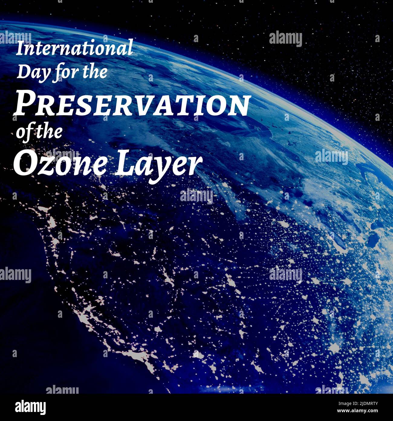 Digitales Verbundbild des internationalen Tages zur Erhaltung der Ozonschicht Text mit Erde Stockfoto
