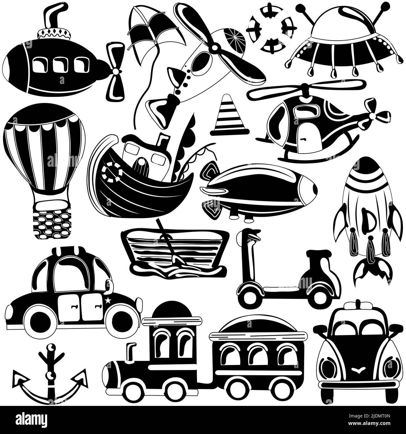 Set schwarz-weiß von verschiedenen Arten von Straßen-, Luft-und Unterwasser-Transport. Auto, Flugzeug, Roller, Raumschiff, Luftballon, Trainieren und mehr. Vektorsymbol. Stock Vektor