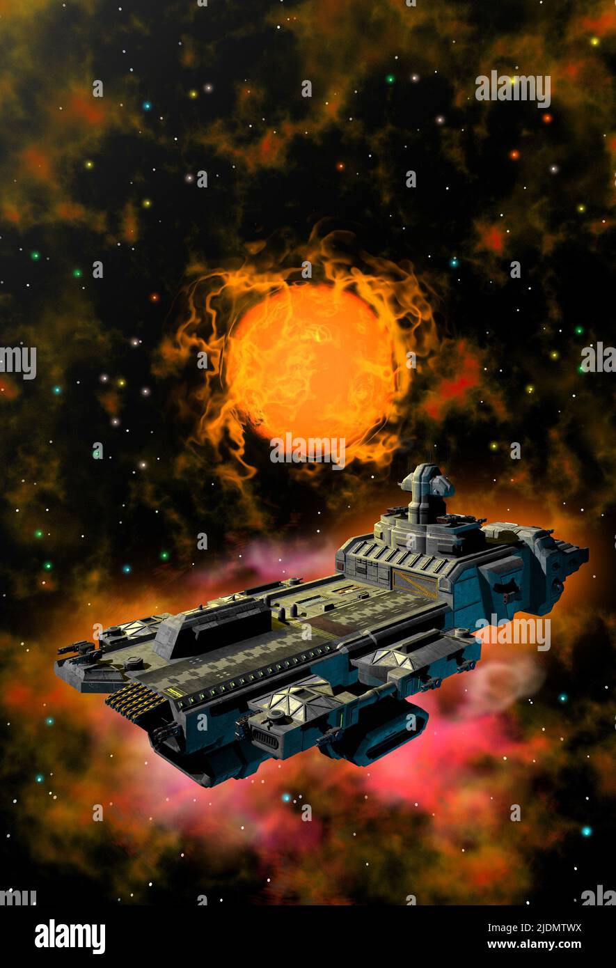 Futuristische Landschaft, Raumschiff im Weltraum, im Hintergrund ein Stern, interstellares Gas und Nebel, 3D Rendering Stockfoto