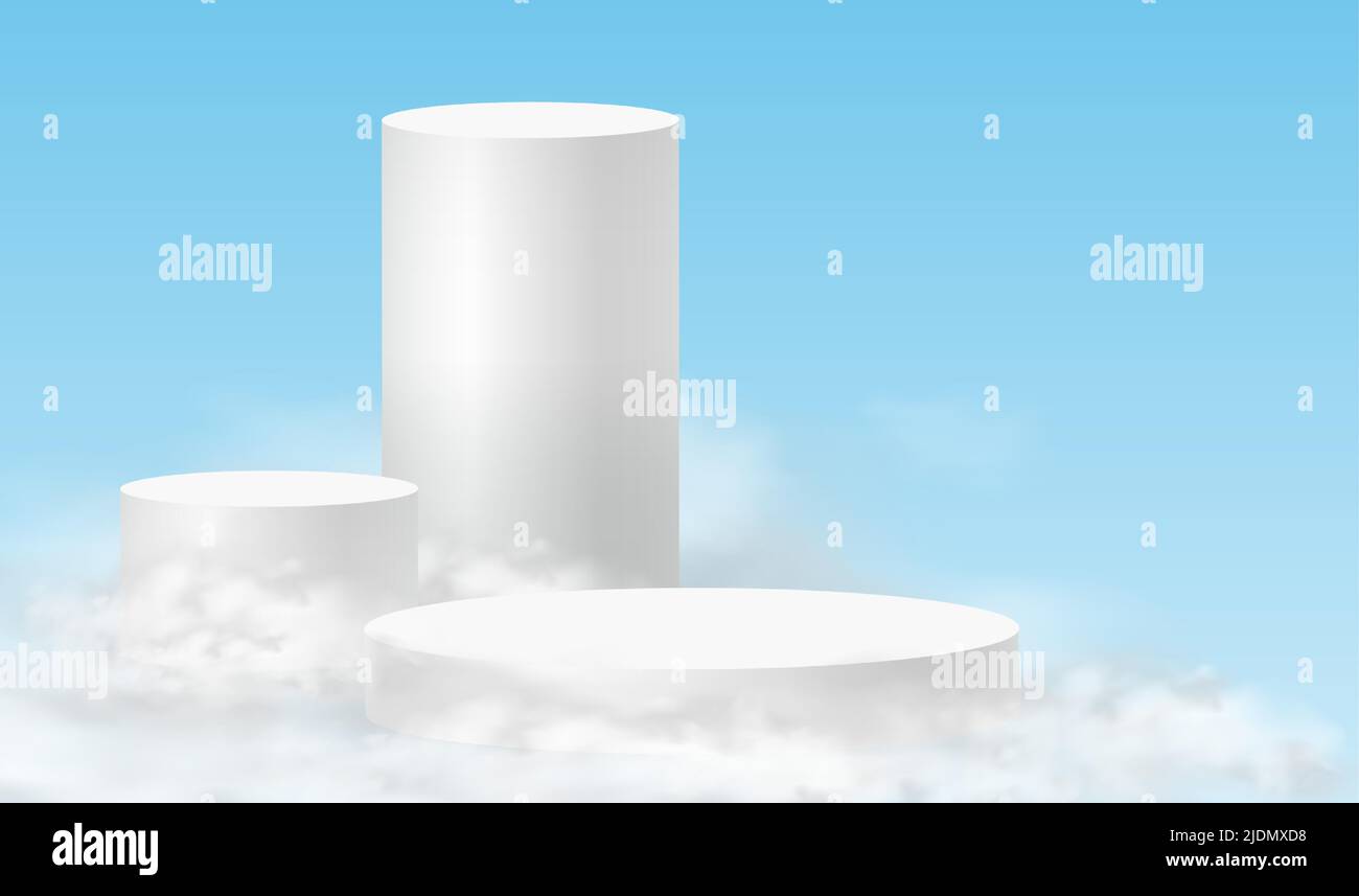Himmel auf dem Podium. Minimalistischer Hintergrund mit weißen Podien in den Wolken. 3D realistische Sockel Produkt für Produktdemonstration und Himmel Wolken Stock Vektor