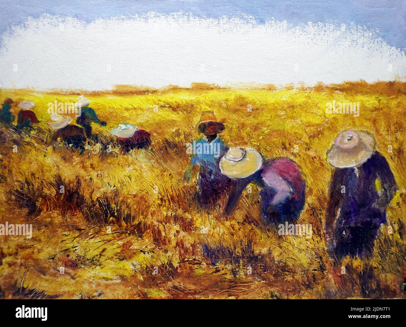 Kunst Malerei Ölfarbe Ernte Reis , Land in den Provinzen Thailand auf Leinwand Stockfoto