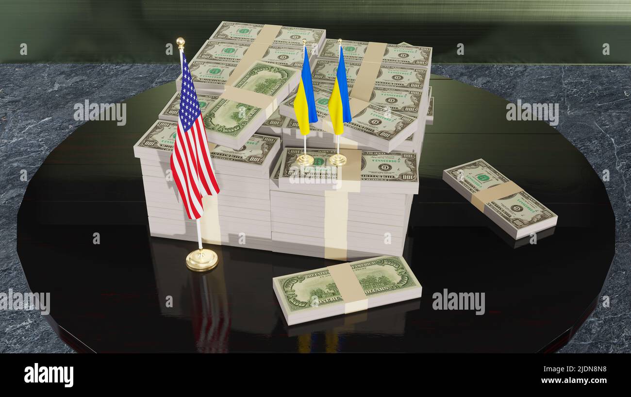 Finanzielle Unterstützung für die Ukraine aus den USA, Unterstützung der Ukraine, finanzielle Unterstützung aus den USA 3D Arbeit und 3D Bild Stockfoto