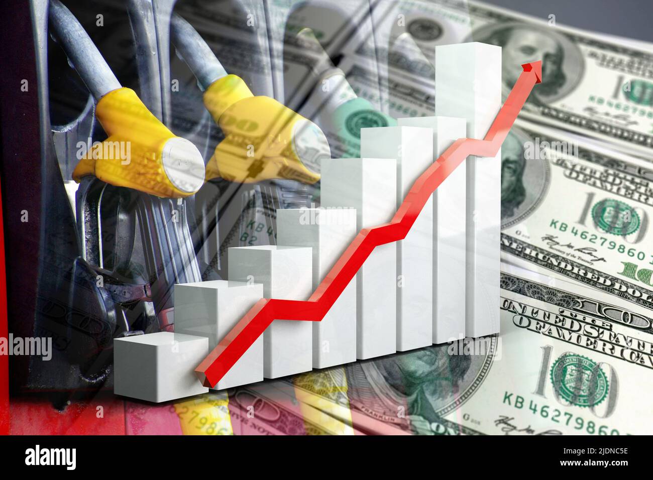 Wirtschaftsdiagramm: Steigender Pfeil, Gaspumpen und Bargeldmittel. Steigender Benzinpreis. Stockfoto