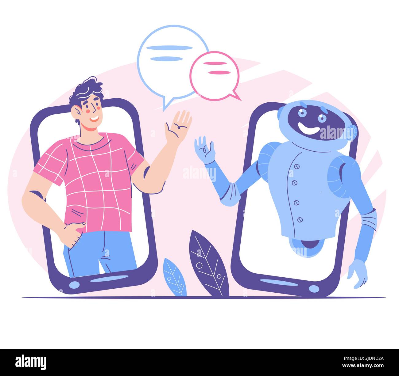 Chatbot-Gespräch mit Client-Banner flache Vektor-Illustration isoliert auf weiß. Der Kunde erhält Unterstützung durch einen KI-Assistenten. Roboter-Chatbot und Stock Vektor