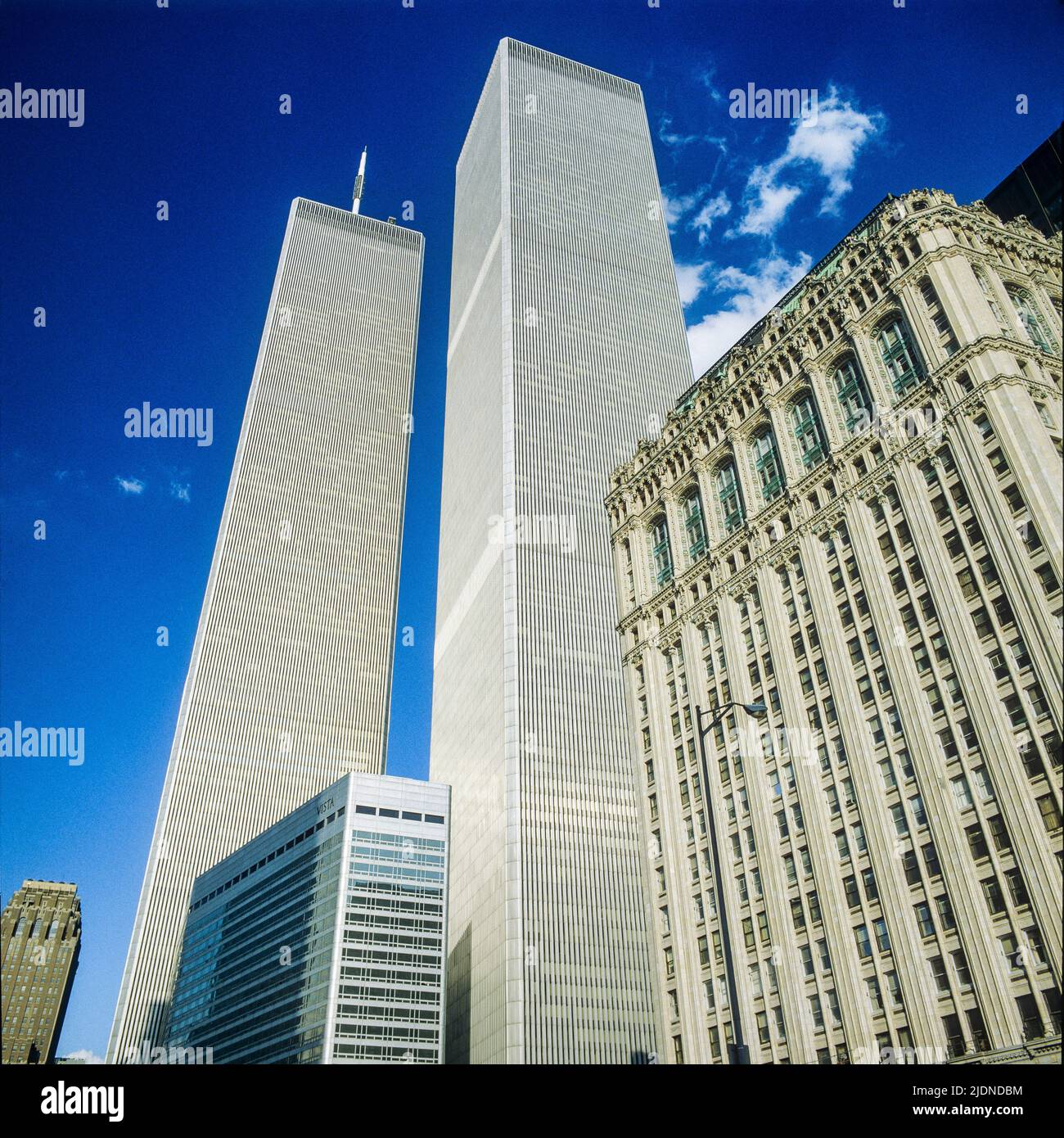 New York 1980s, WTC World Trade Center Twin Towers, Vista Hotel, antikes Gebäude, Finanzviertel, Lower Manhattan, New York City, NYC, NY, USA, Stockfoto