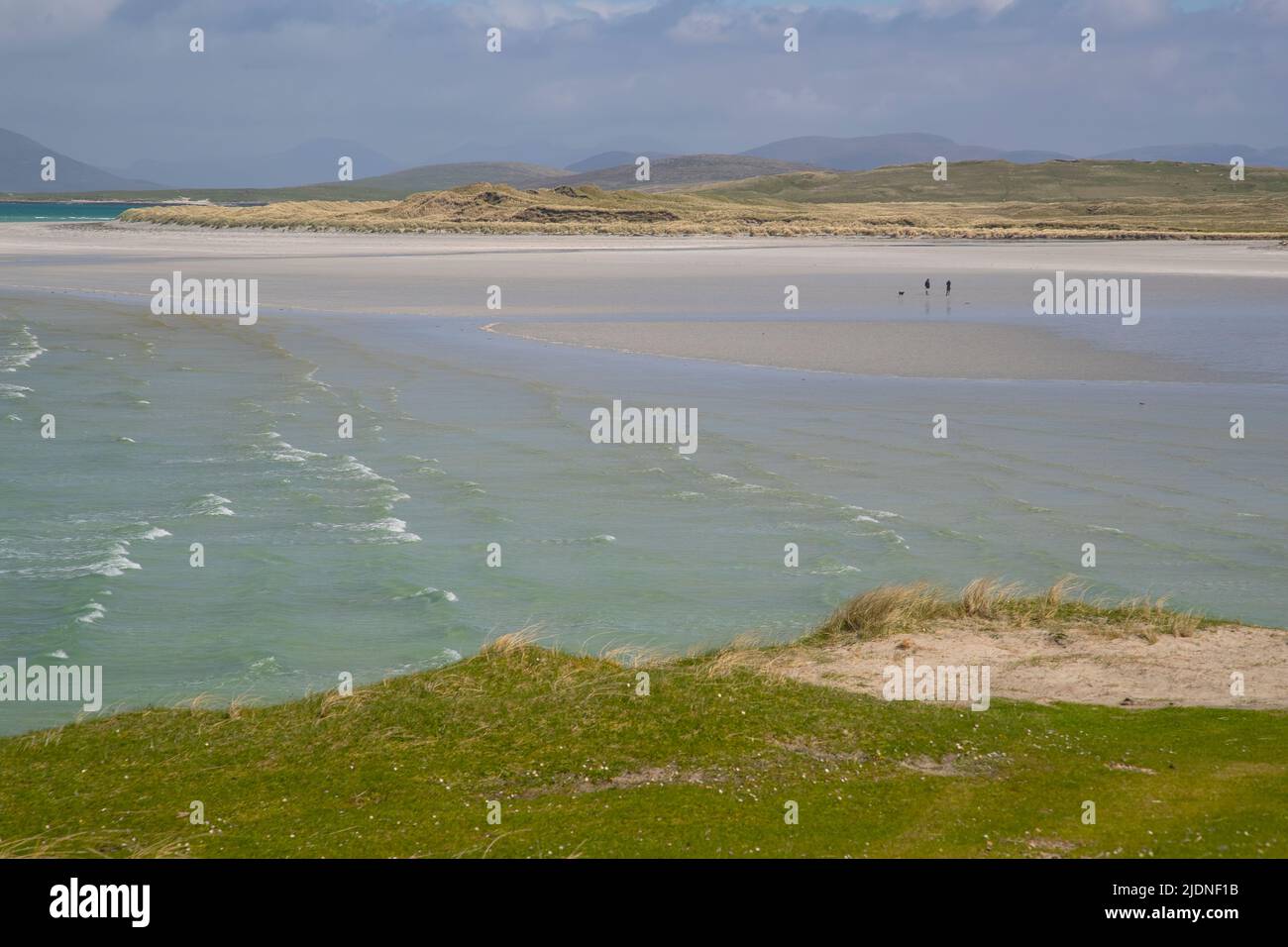 Zwei Paare in der Ferne, die einen Hund auf dem weißen Sand von Noth Uist in Clachan, Äußere Hebriden, spazieren gehen Stockfoto