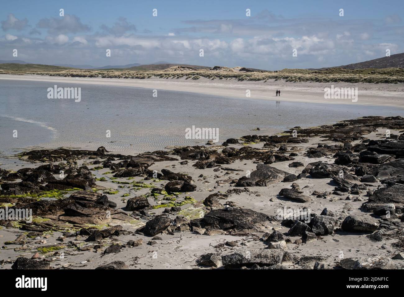 Ein Paar in der Nähe zu Fuß über die Felsen und Algen auf dem weißen Sand von Clachan Sands in North Uist, Äußere Hebriden Stockfoto