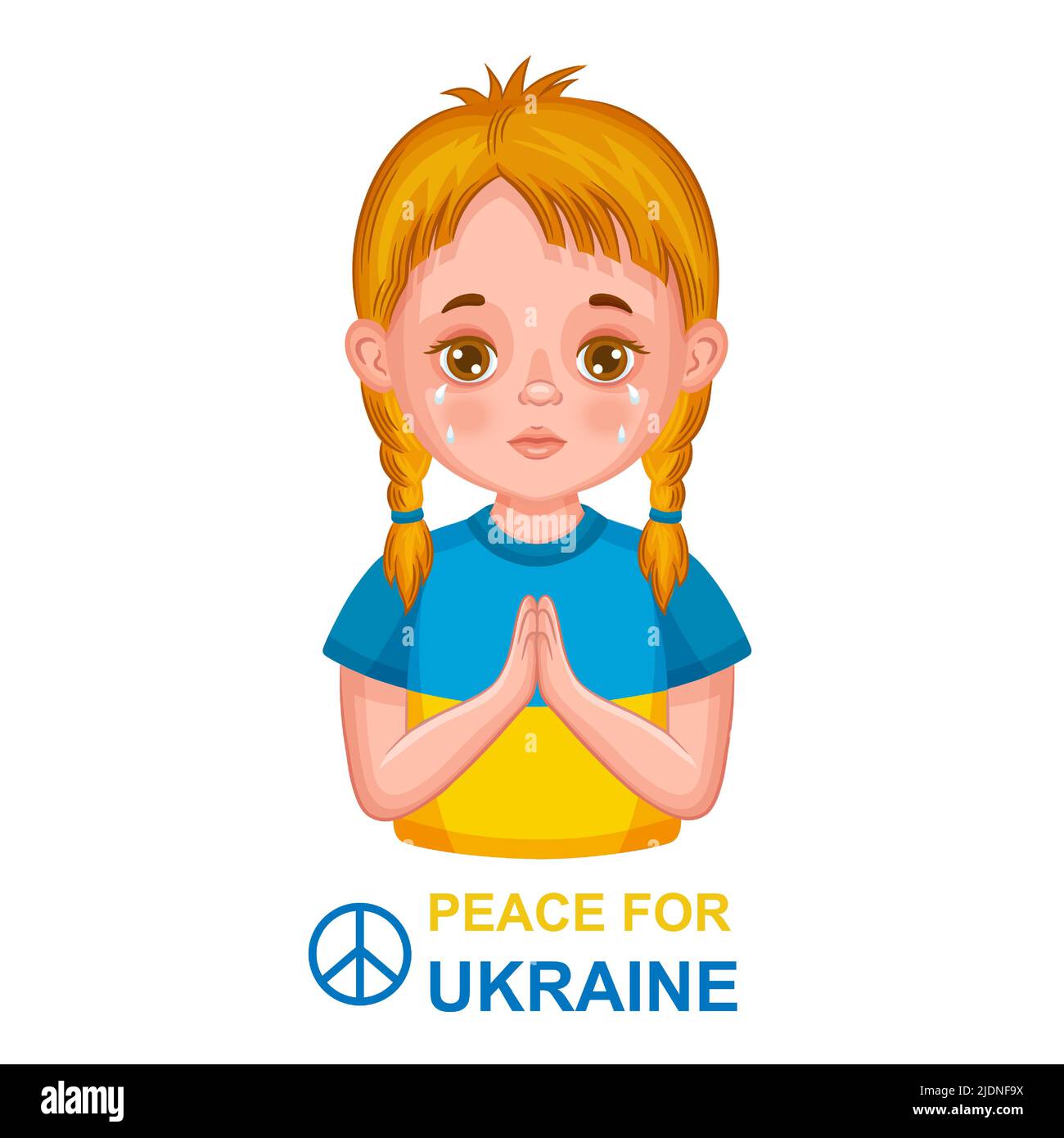 Ukrainisches Kind betet für Frieden, beendet den Krieg, unterstützt die Ukraine. Helfen Sie dabei, das Land Europa zu retten. Mädchen weinen in flaggenfarben Kleidung. Russland militärische Aggression Vektor Stock Vektor