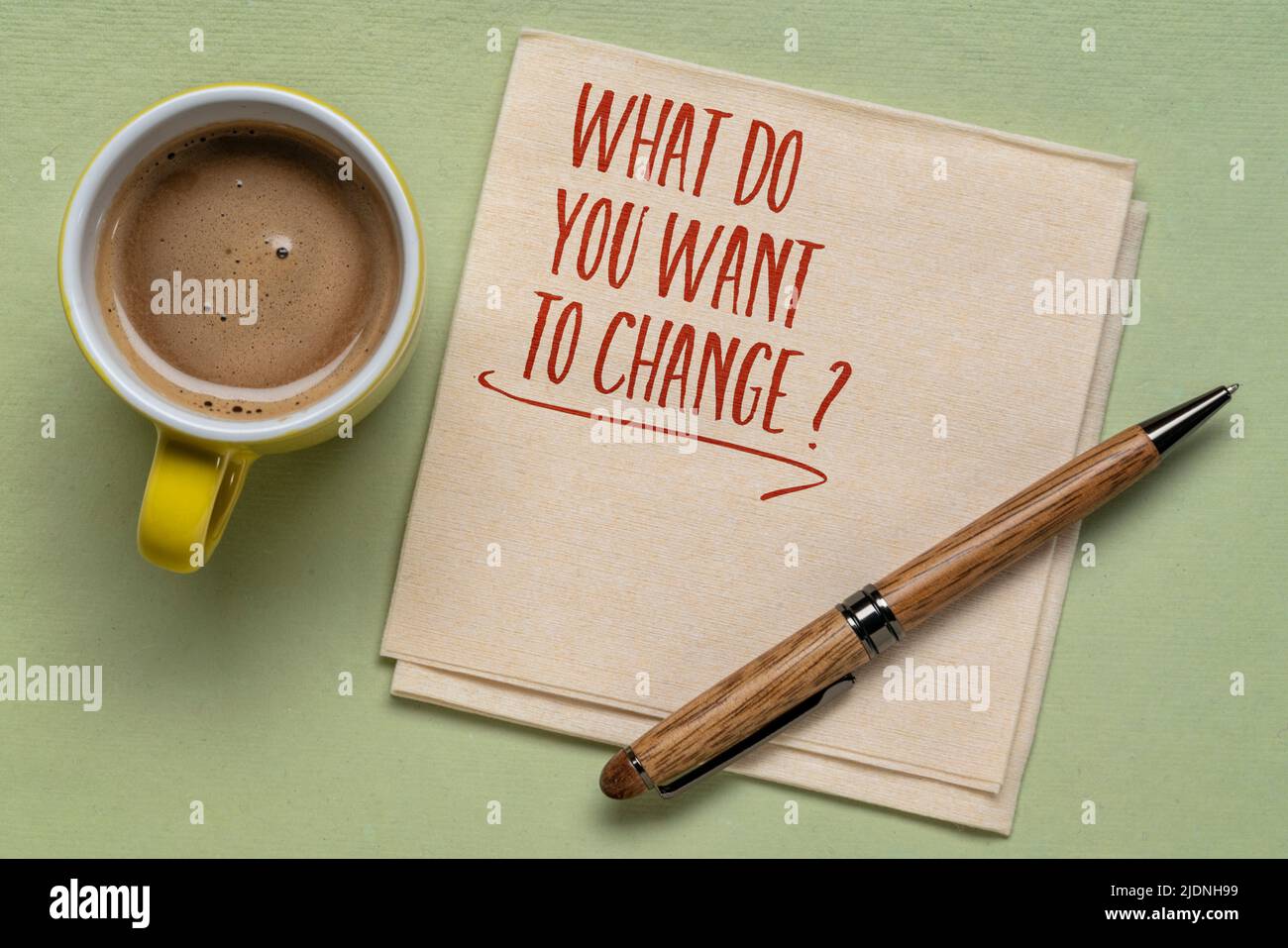 Was möchten Sie ändern? Handschrift auf Serviette mit einer Tasse Kaffee. Business, Lifestyle und persönliches Entwicklungskonzept. Stockfoto