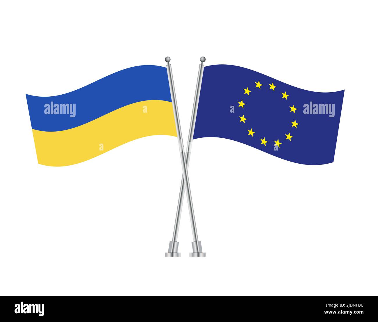 Flagge der Ukraine und der EU auf dem Stick gekreuzt. Das Vektor-Symbol der Europäischen Union flaches Design. eps 10 Stock Vektor
