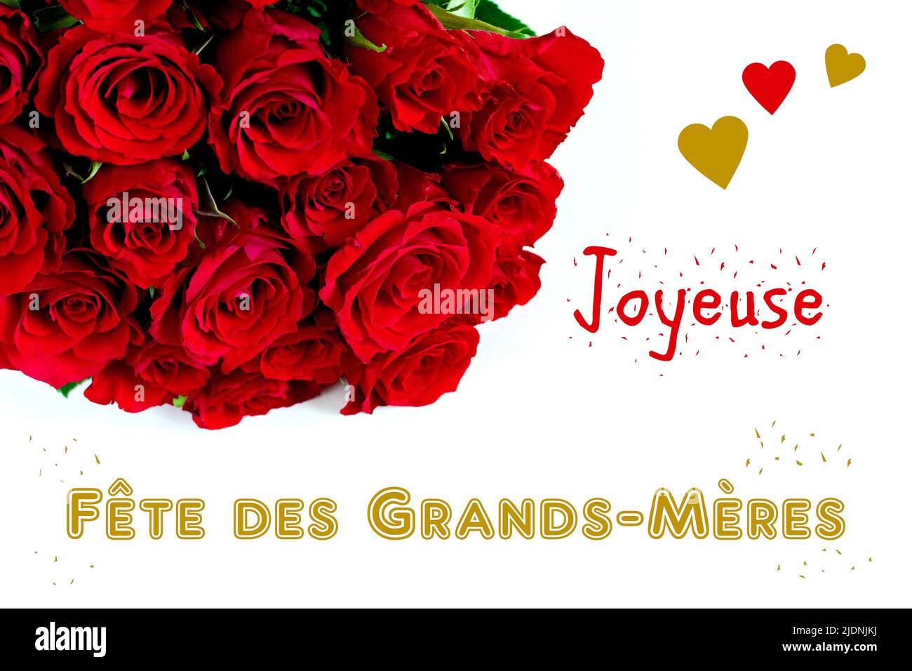 Bouquet von roten Rosen. Inschrift „Happy Oma's Day“ auf Französisch. Stockfoto