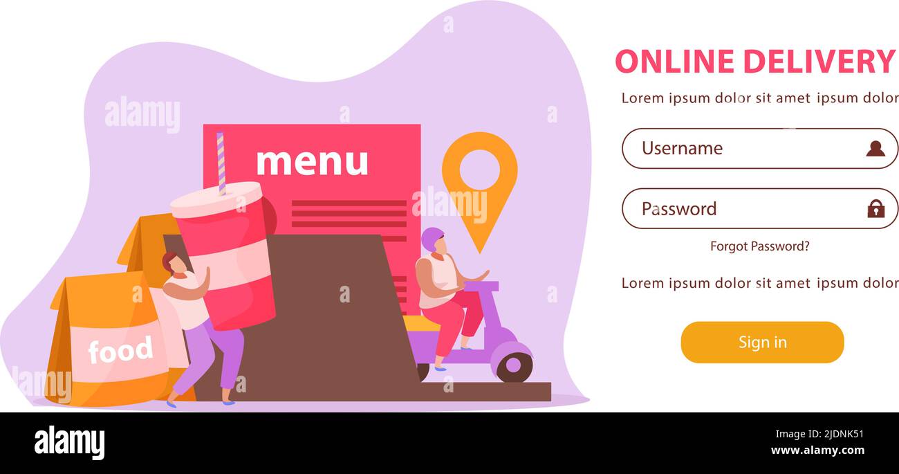 Flacher Hintergrund für die Web-Autorisierungsseite mit Bildern von Food-Kurierern und Vektorgrafik für Kennwortfelder für den Benutzernamen Stock Vektor