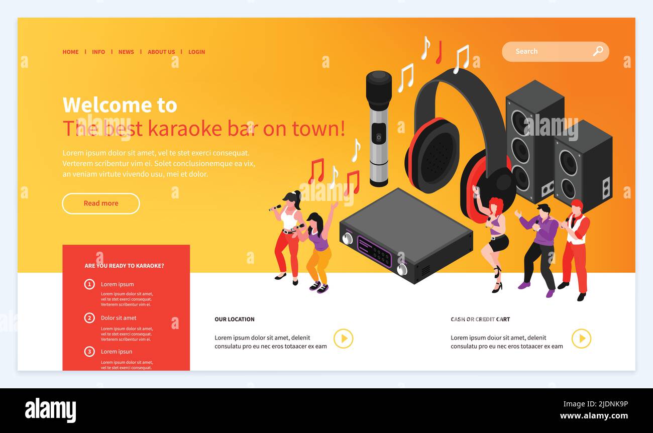 Isometrische Karaoke-Website Vorlage Design mit anklickbaren Links Text Tasten und Party Menschen mit Audio-Ausrüstung Vektor Illustration Stock Vektor