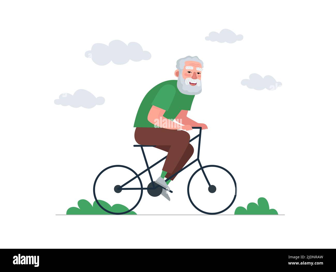 Älterer Mann Spaß und Fahrrad fahren. Ältere Männer fahren auf dem Fahrrad. Alte bärtige Person gesunde Aktivität Lebensstil. Rentner Opa Radfahren. Fröhliche Freizeit für Rentner. Aktiver Großvater-Vektor eps Stock Vektor