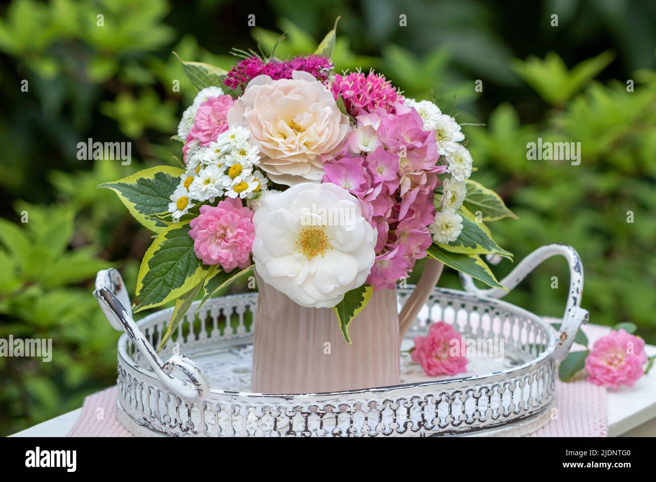 Romantischer Strauß von Rosen und Hortensien in Pastellfarben Stockfoto