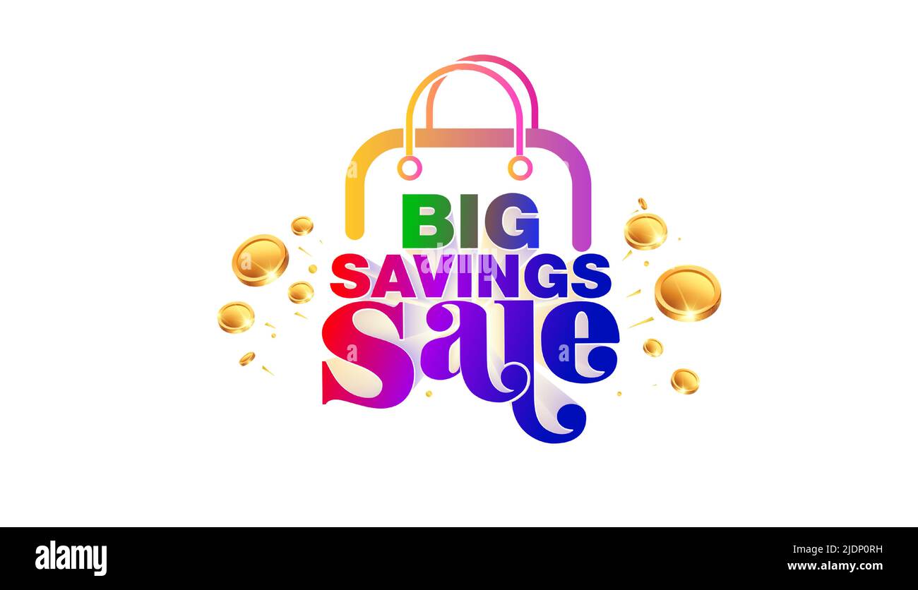 Verkaufskonzept für den Einzelhandel. Werbeaktion Rabatt Angebot Website Logo Banner Design. Große sparen Verkauf Text mit Einkaufstasche Warenkorb Münzen und Geld. Stock Vektor