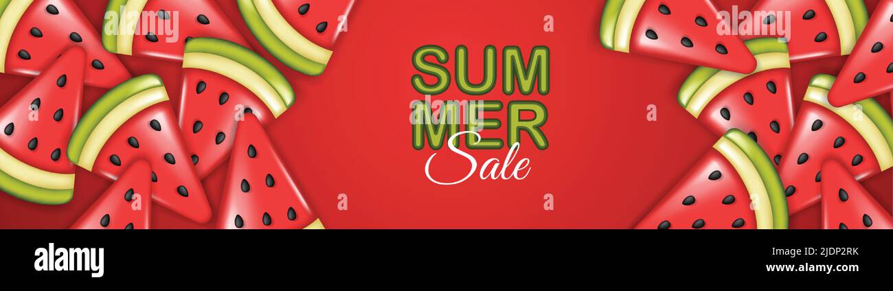 Sommer-Verkaufsposter mit 3D Scheiben Wassermelone auf rotem Hintergrund. Sommer Wassermelone Hintergrund. Stock Vektor
