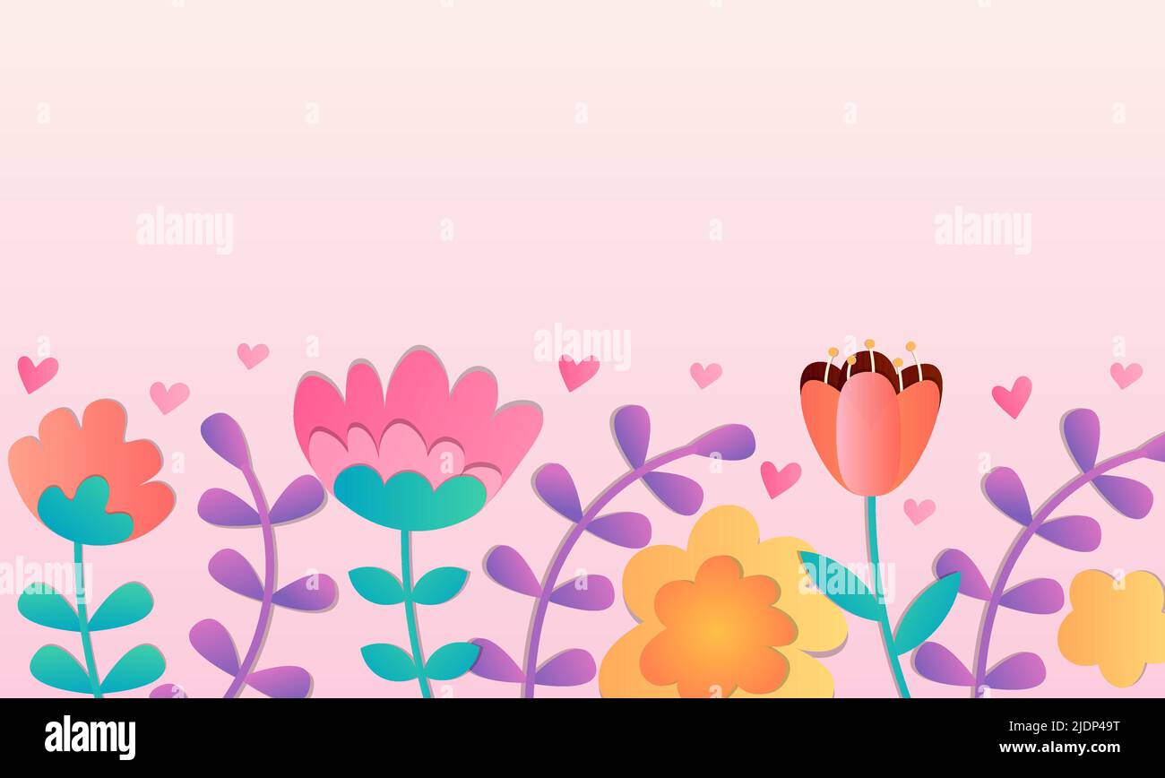 Sommer oder Frühling floralen Hintergrund mit Kopierfläche. Horizontales Panorama-Vorlagenbanner. Verschiedene Blumen, Herzformen. Rosa, lila und gelb Stock Vektor
