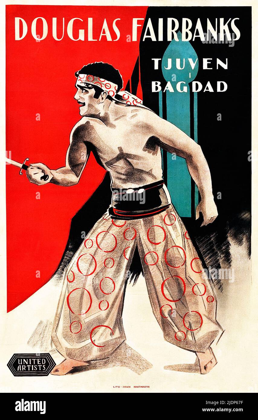 Douglas Fairbanks - Tjuven i Bagdad - der Dieb von Bagdad (Vereinigte Künstler, 1924). Schwedisches Filmplakat Stockfoto
