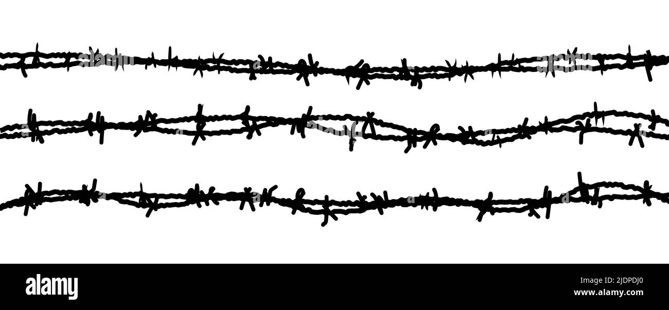 Stacheldraht Vektor Zaun Barbwire Grenze Kette. Gefängnis Linie Krieg barb Hintergrund Metall Silhouette Stock Vektor