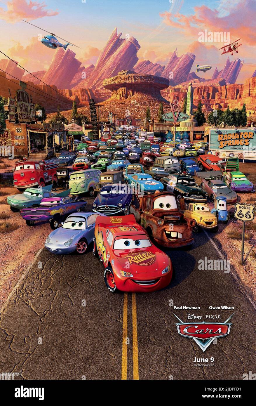 FLO, RAMONE, FILLMORE, CARRERA, SARGE, HUDSON, MCQUEEN, TUCK, LUIGI, POSTER, AUTOS, 2006 Stockfoto