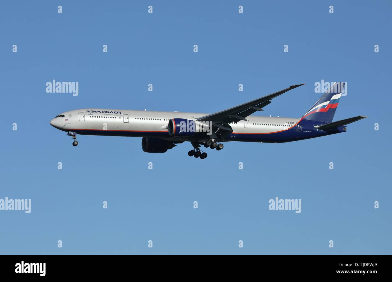 Aeroflot Boeing 777, VQ-BUC, Abfahrt zum Flughafen Heathrow, Großbritannien, im Januar 2022. Stockfoto