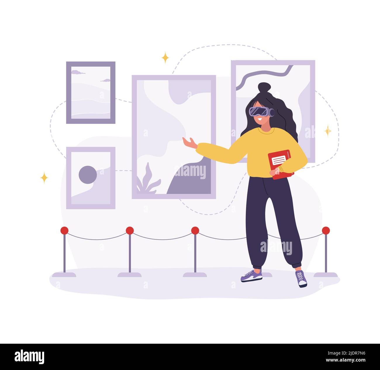 Metaverse und Cyberspace. Frau in VR-Brille im Museum. NFT-Kunstgalerie. Virtuelles Urlaubs- oder Reisekonzept. Moderne Technik für Unterhaltung. Vektor Stock Vektor