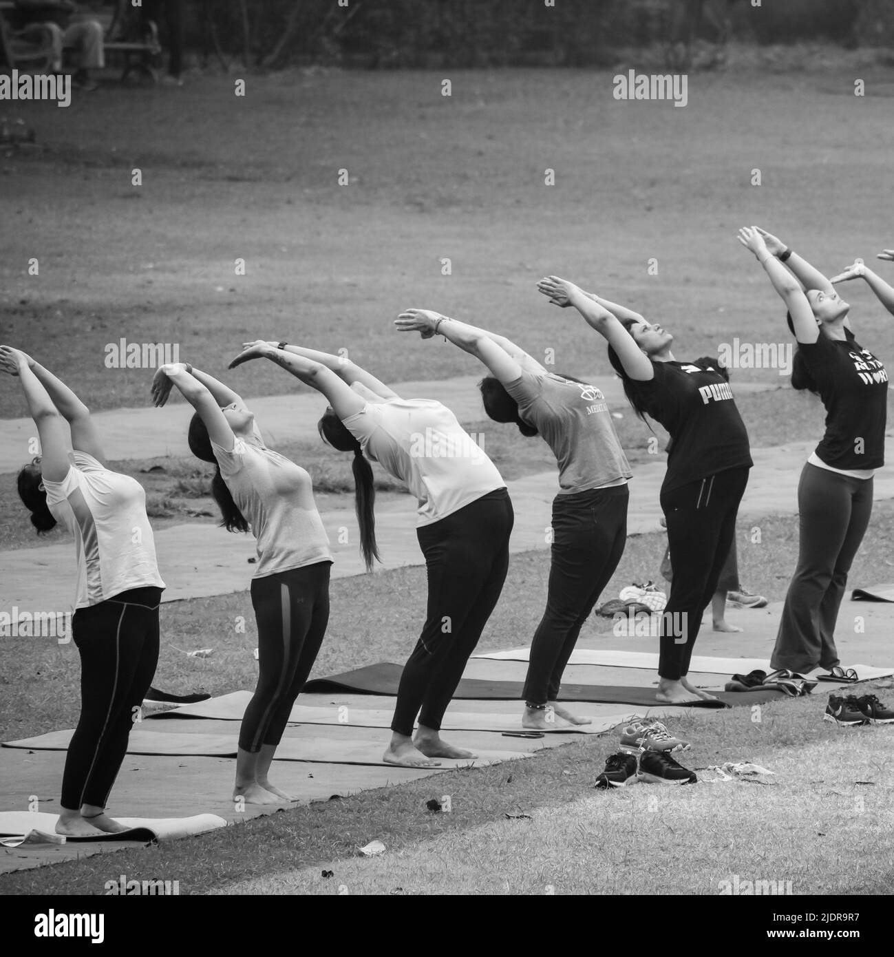 Delhi, Indien, Juni 18 2022 - Gruppen-Yoga-Übungskurs Surya Namashkar für Menschen unterschiedlichen Alters im Lodhi Garden. Internationaler Yoga-Tag, große Gruppe Stockfoto