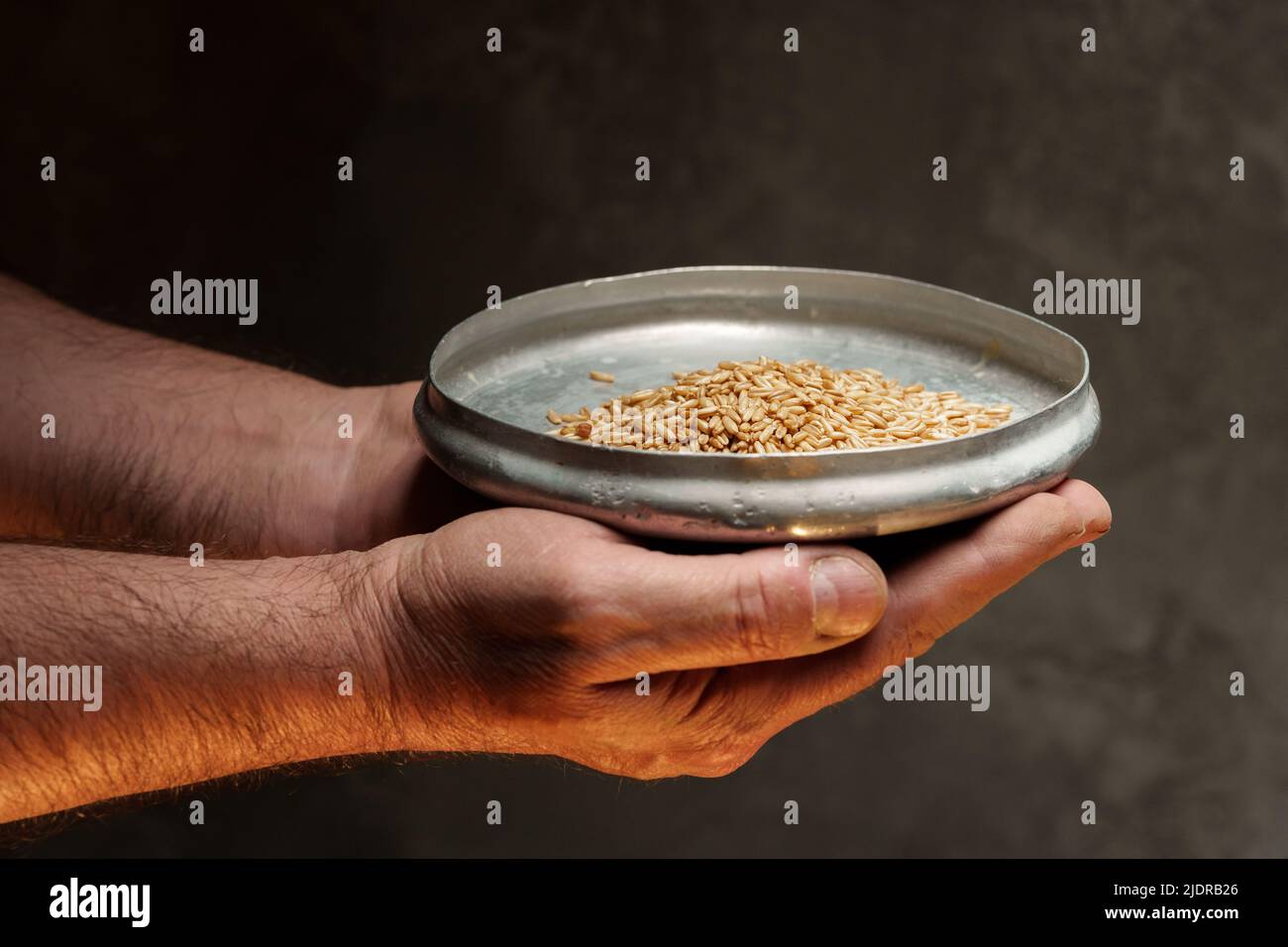 Nahaufnahme der männlichen Hände, die eine kleine Menge Weizenkerne halten. Mangel an Nahrung und Hunger-Konzept Stockfoto