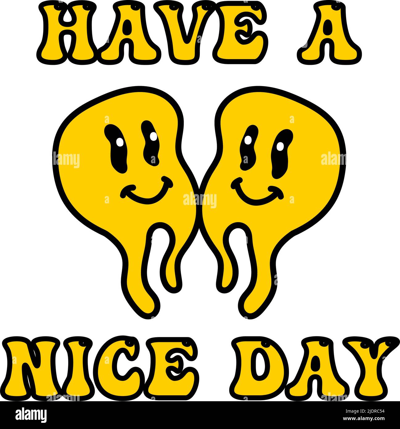 Schmelzen Lächeln Schriftzug Vintage Illustration. Retro Psychedelic Melt Smile Face Logo. Tropfendes Lächeln mit Text. Gut gelaunt. Positiver Emoji-Aufkleber. Vector groovy Emoji Gesicht. Gesichtssymbol. Stock Vektor