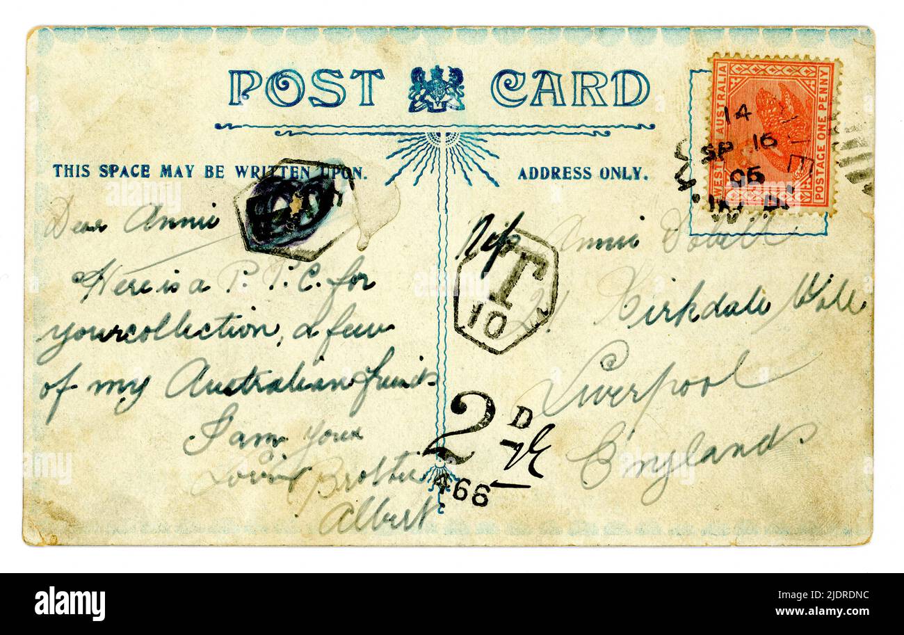 Rückseite der amerikanischen Comic-Postkarte aus dem frühen 20. Jahrhundert, veröffentlicht von australischen Verlegern, veröffentlicht in Liverpool in Großbritannien, datiert vom 1905. September, USA Stockfoto