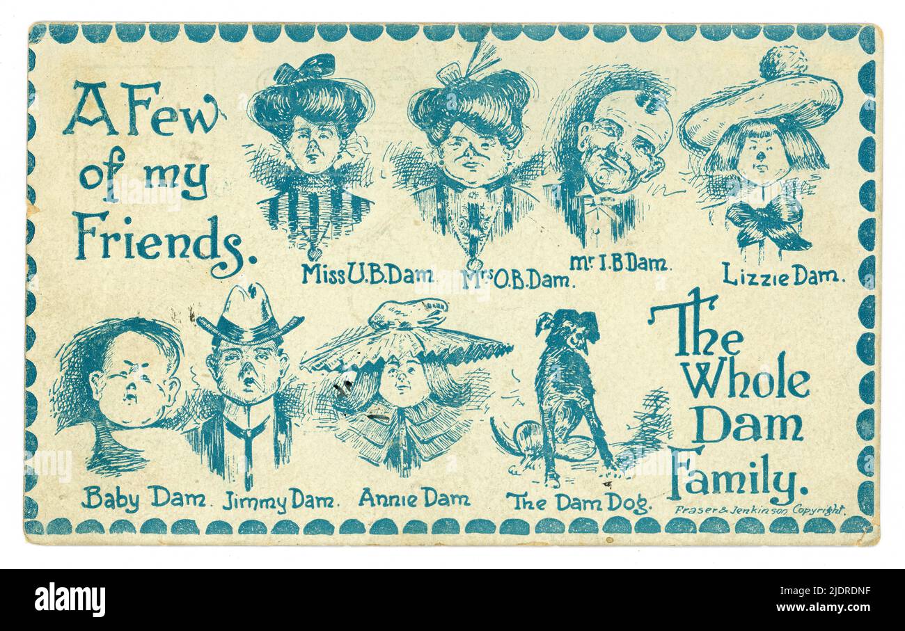Original amerikanische Comic-Postkarte aus dem frühen 20. Jahrhundert mit der Überschrift „Ein paar meiner Freunde, die ganze Dam-Familie“, veröffentlicht in Liverpool in Großbritannien, datiert vom 1905. September, USA Stockfoto