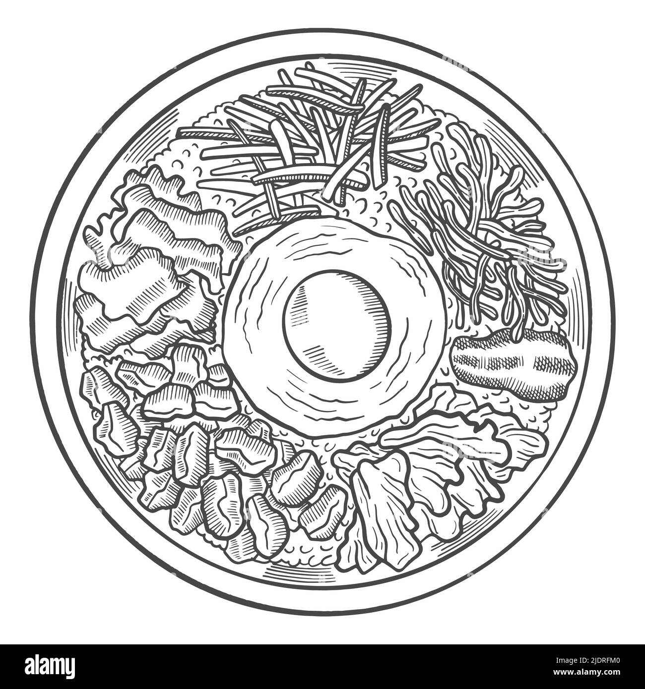 bibimbap korea oder koreanische Küche traditionelle Küche isoliert Doodle handgezeichnete Skizze mit Umriss Stil Vektor Illustration Stockfoto