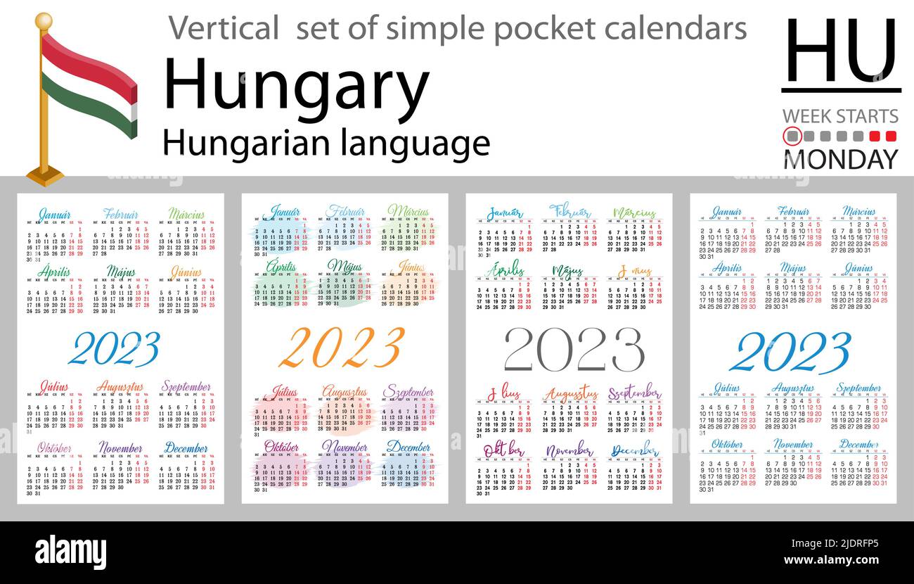 Ungarischer vertikaler Taschenkalender für 2023 (zweitausend dreiundzwanzig). Die Woche beginnt am Montag. Neues Jahr. Farbe einfaches Design. Vektor Stock Vektor