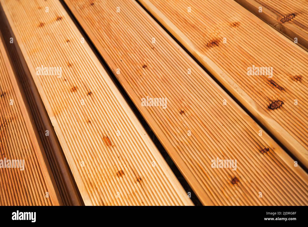 Lärche Deck Boards Bodenbelag, Nahaufnahme Foto mit perspektivischen Effekt Stockfoto
