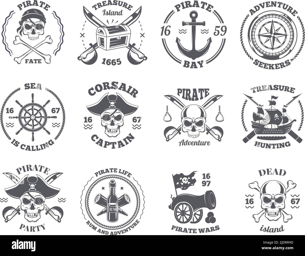 Piratenetiketten. Marine Abzeichen mit Piraten Vintage Waffen und Elemente Anker Totenkopf Flagge genaue Vektor monochrome Vorlage mit Platz für Text Stock Vektor