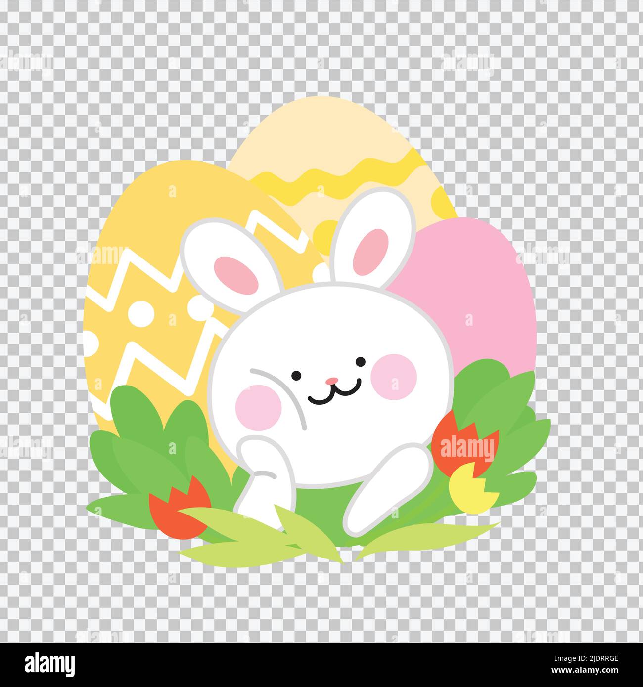 Ostern Feier flache Vektor-Symbol-Illustration mit einem transparenten Hintergrund. Niedlicher osterhase mit bemalten Eiern und Frühlingsblumen. Stock Vektor
