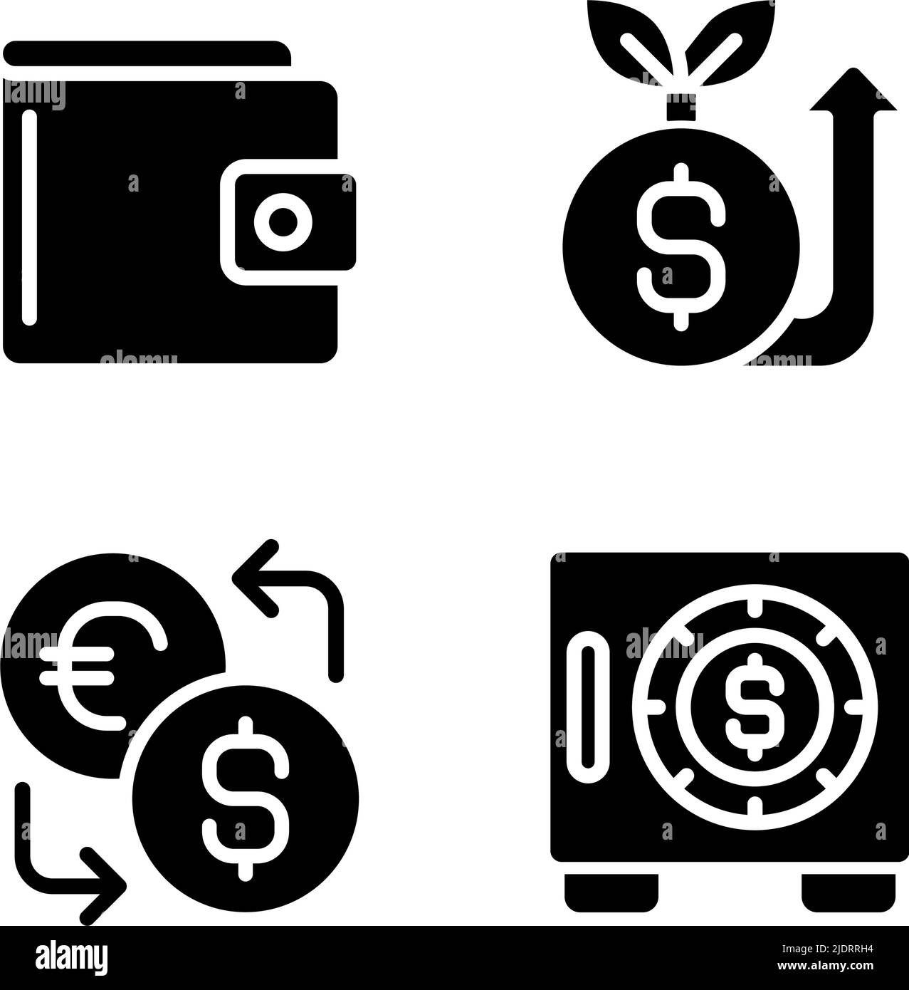 Erhöhen und Geld sparen schwarze Glyphen Symbole auf weißem Raum gesetzt Stock Vektor