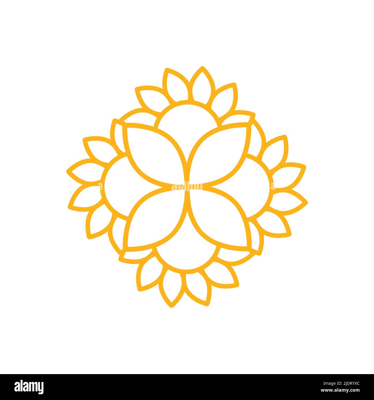 Symmetrisches Sonnenblumensymbol. Minimalistischer Stil. Gelber Umriss. Vektorgrafik, flaches Design Stock Vektor