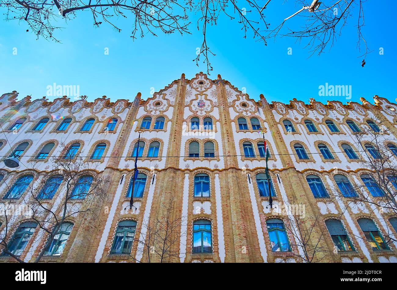 Die szenisch reich verzierte Jugendstilfassade des Hauptquartiers des ungarischen Staatsschatzamtes, Budapest, Ungarn Stockfoto