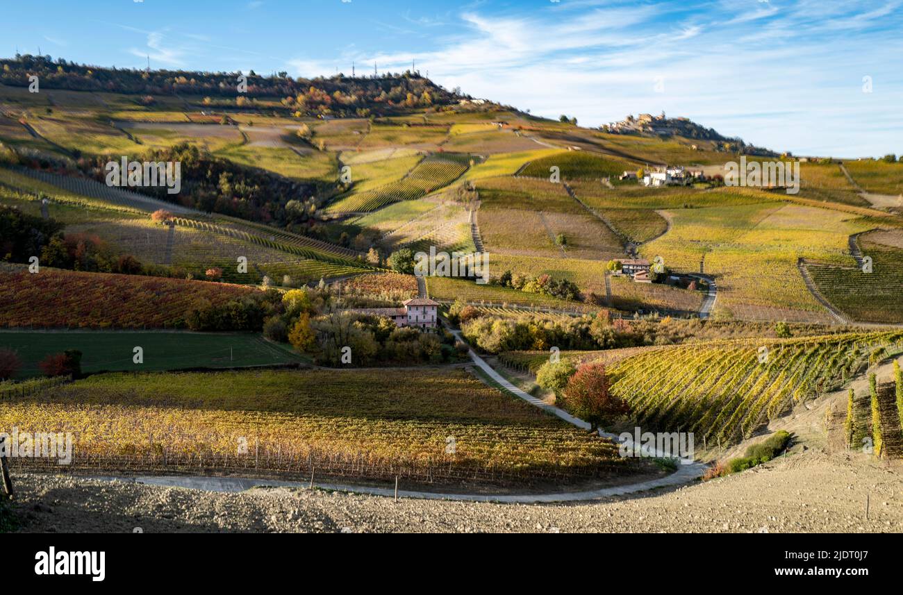 Herbstlicht in den Weinbergen von Barolo, Cuneo inmitten der sanften Hügel und Dörfer auf den Hügeln erste Spur von Herbst in Weinland. Stockfoto