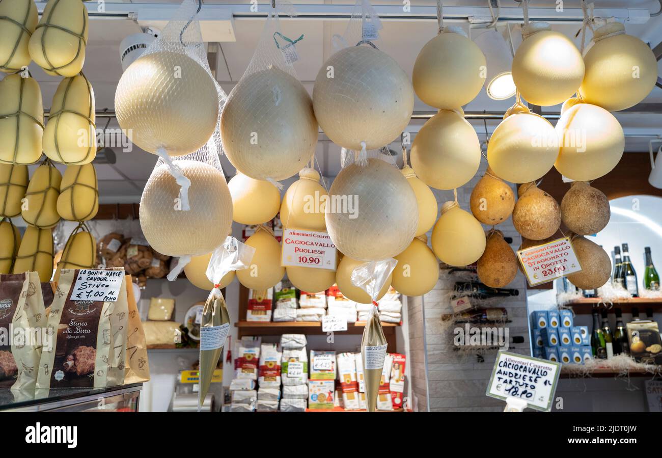 Eine Vielzahl von italienischen Käsesorten und Gourmet-Speisen in einem Marktstand im Zentrum von Turin, Italien Stockfoto