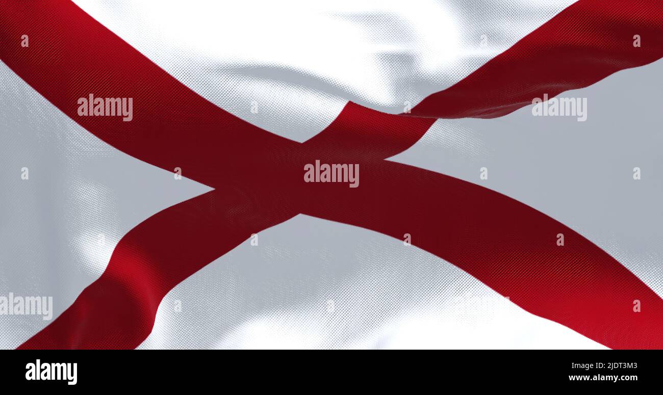 Nahaufnahme der Alabama-Staatsflagge, die im Wind winkt. Alabama ist ein Staat in der südöstlichen Region der Vereinigten Staaten. Demokratie und Unabhängigkeit. Stockfoto